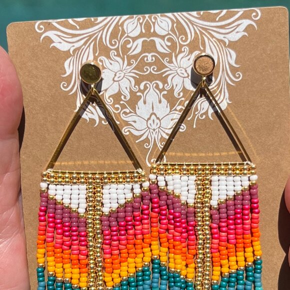 Handmade Beaded Egyptian Long Fringe Dangle Drop Lightweight Post Earrings - Picture 4 of 10